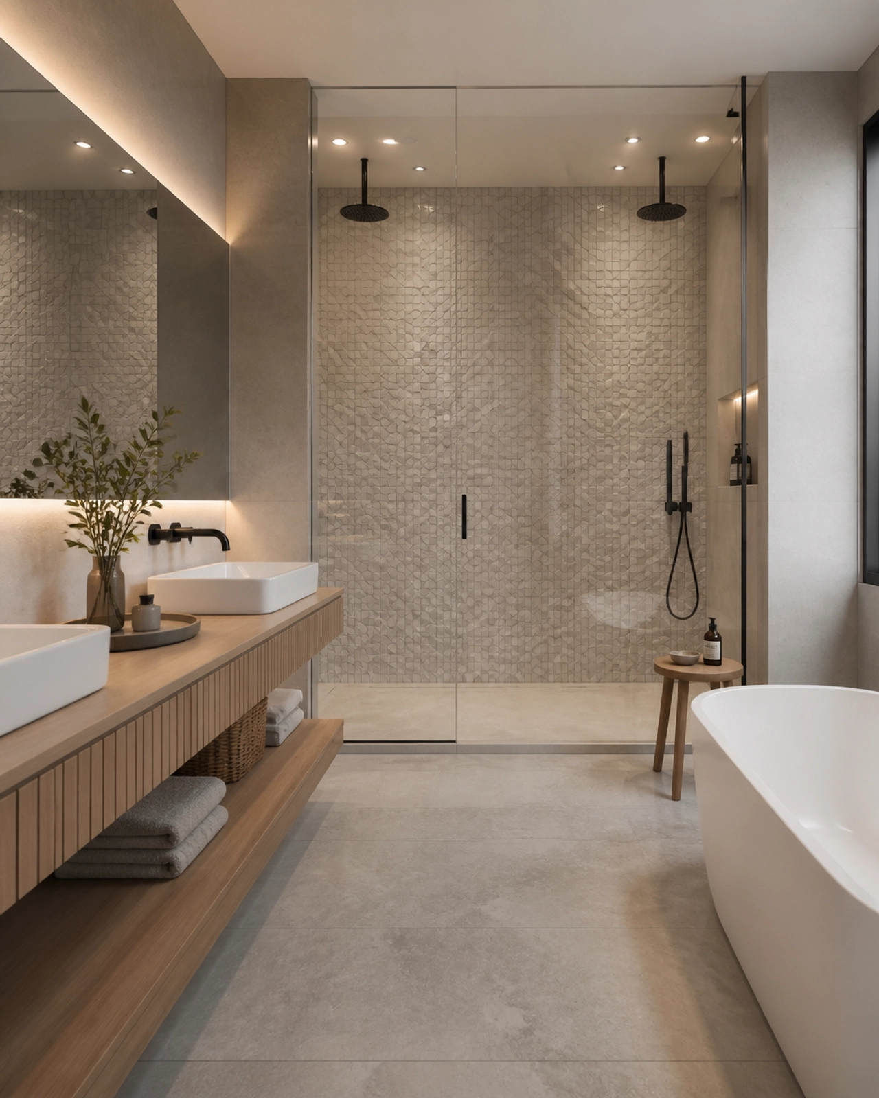 Luxury Bathroom with Porcelain Floor and Mosaic Accents