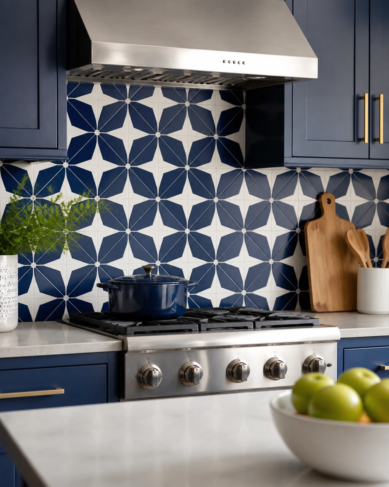 Modern Kitchen with Navy Blue Ceramic Backsplash