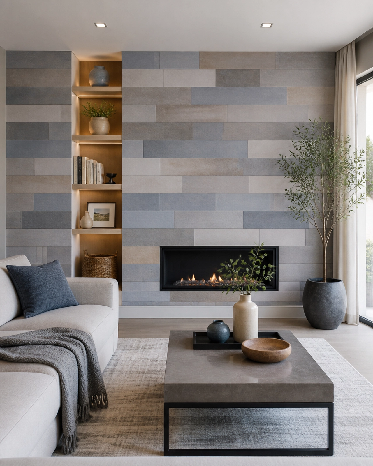 Modern Living Room with Matte Glazed Ceramic Feature Wall