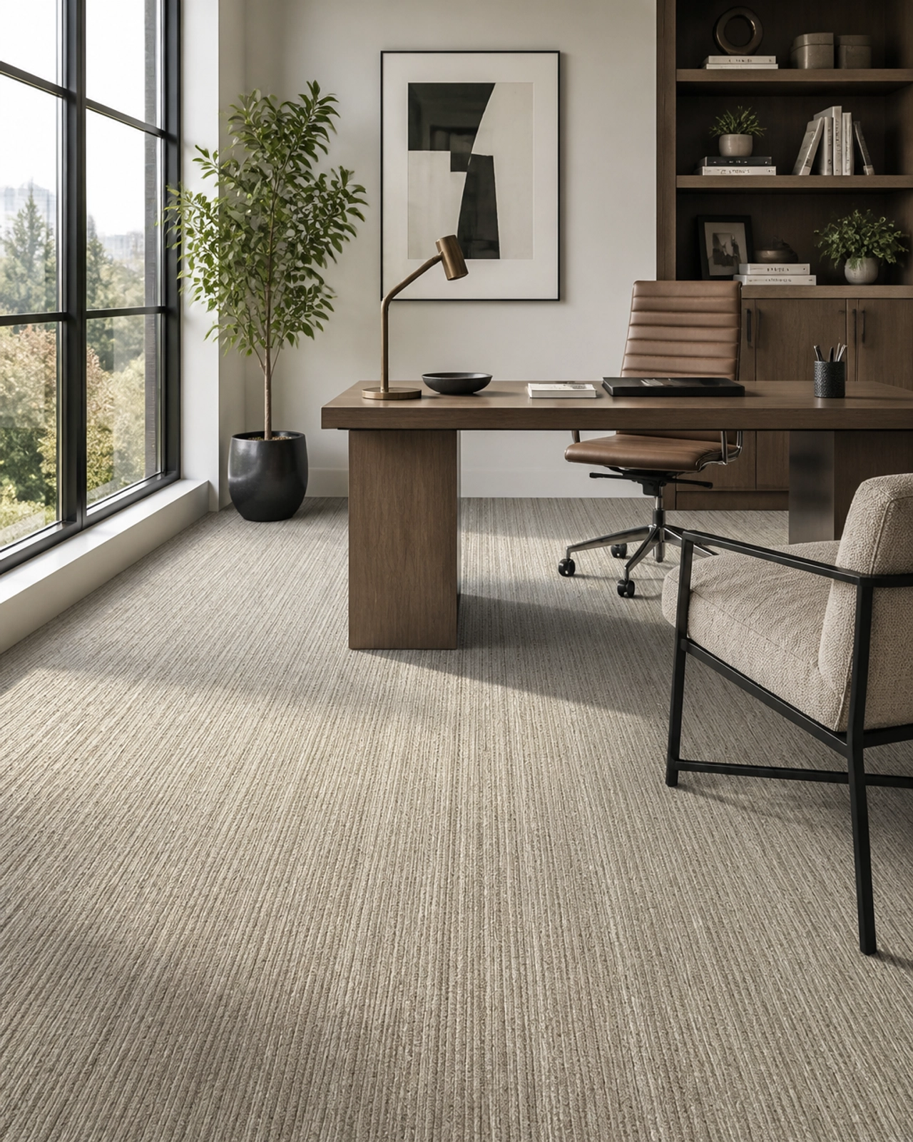 Sophisticated home office with linear texture carpet